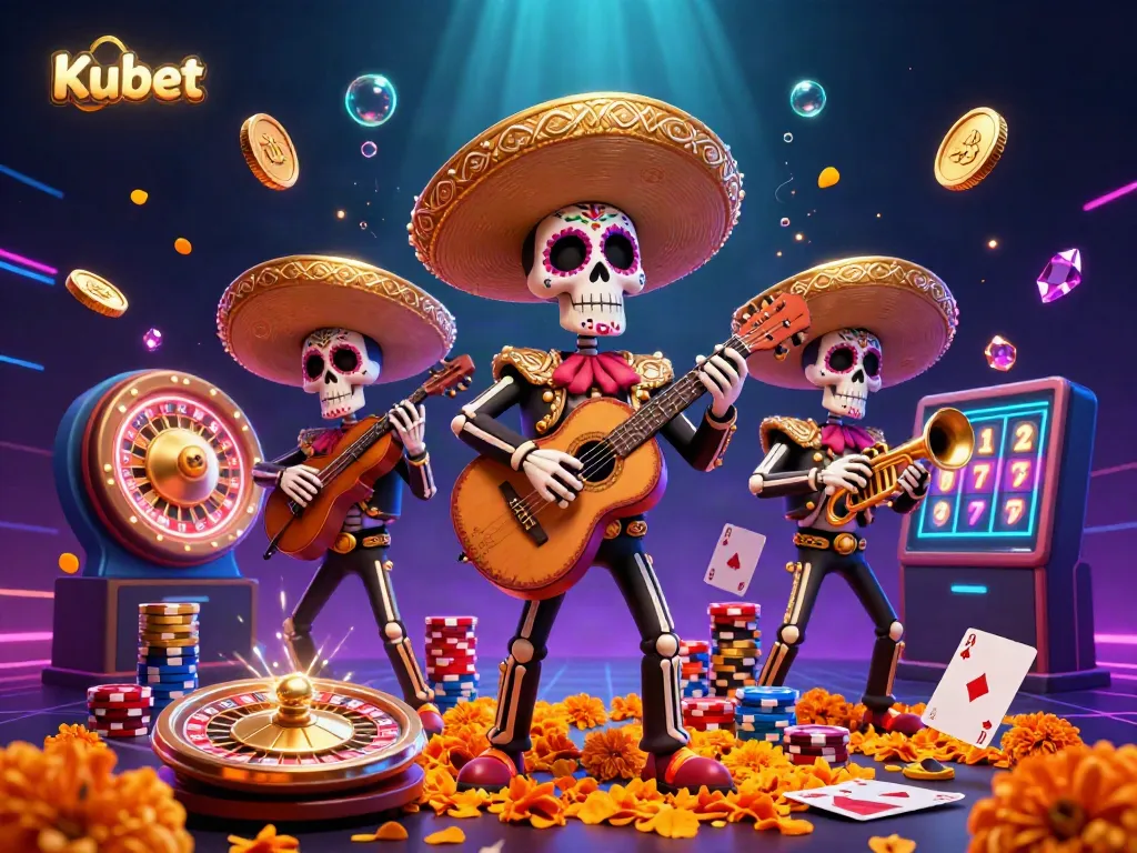 Kubet showcases a dynamic illustration of a festive mariachi band amidst a gaming extravaganza, enriching the casino experience.