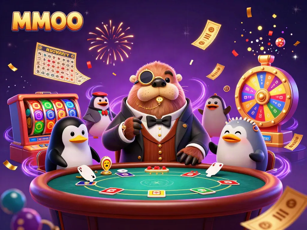 Enjoy MMOO games with a jolly walrus and dealer in a festive underwater poker scene.