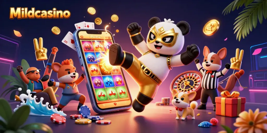 Mildcasino engages players with a cartoon panda wrestler surrounded by vibrant casino games and excitement