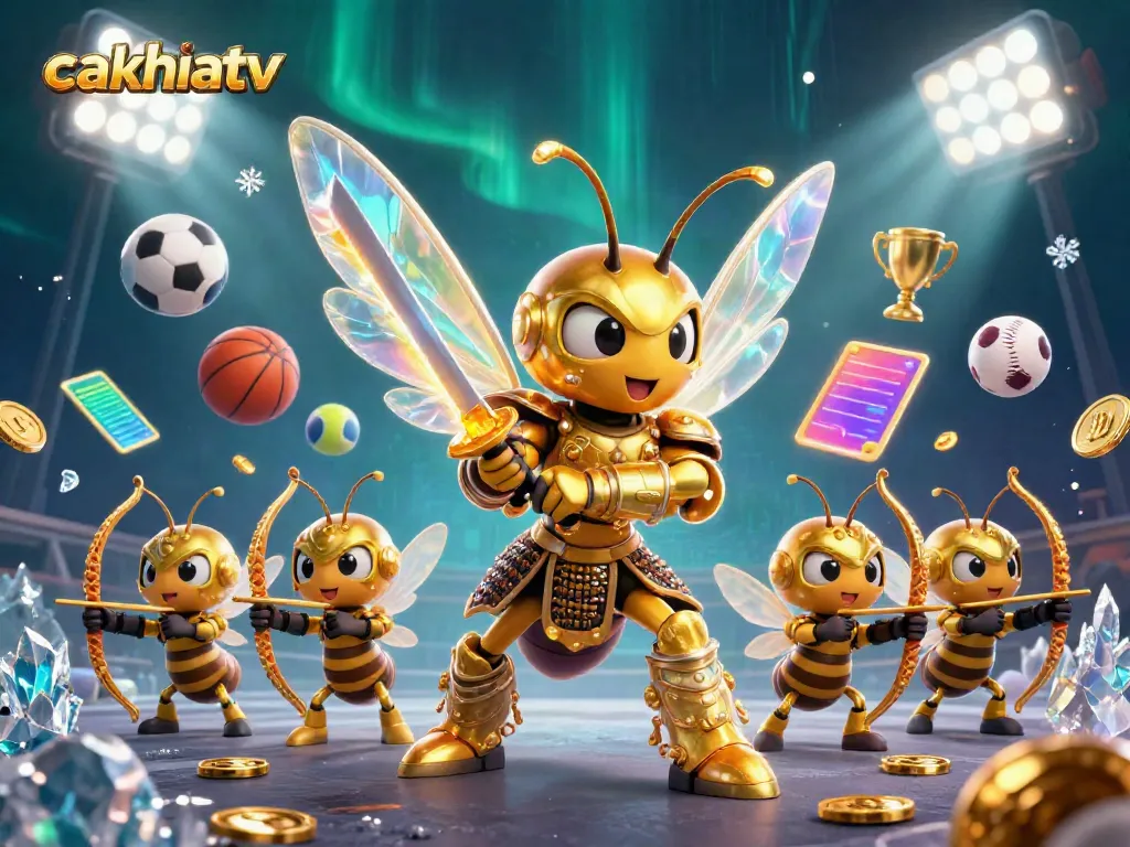 Experience exhilarating sports betting with cakhiatv's dynamic 3D illustration featuring a golden hornet warrior and sports elements.