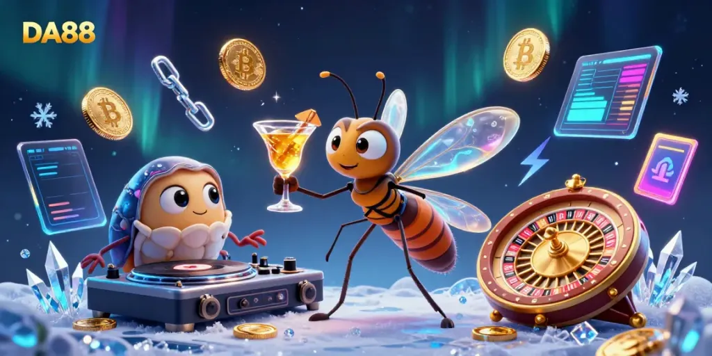Engage with DA88 at a dynamic casino scene with animated characters and vibrant cryptocurrency elements.
