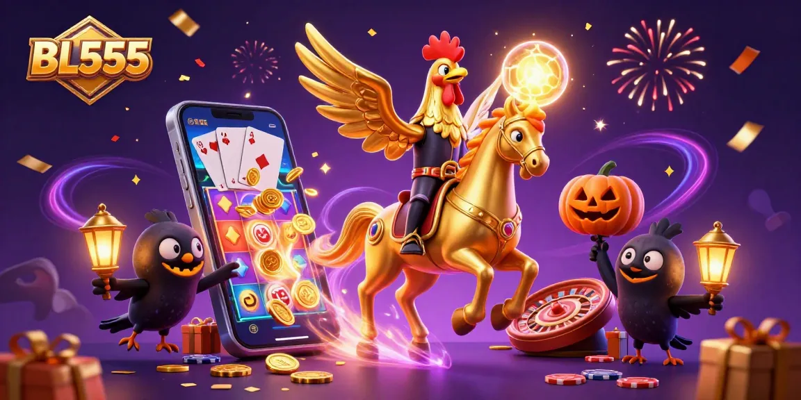 Experience thrilling gaming with BL555's golden rooster mascot amidst vibrant casino action.