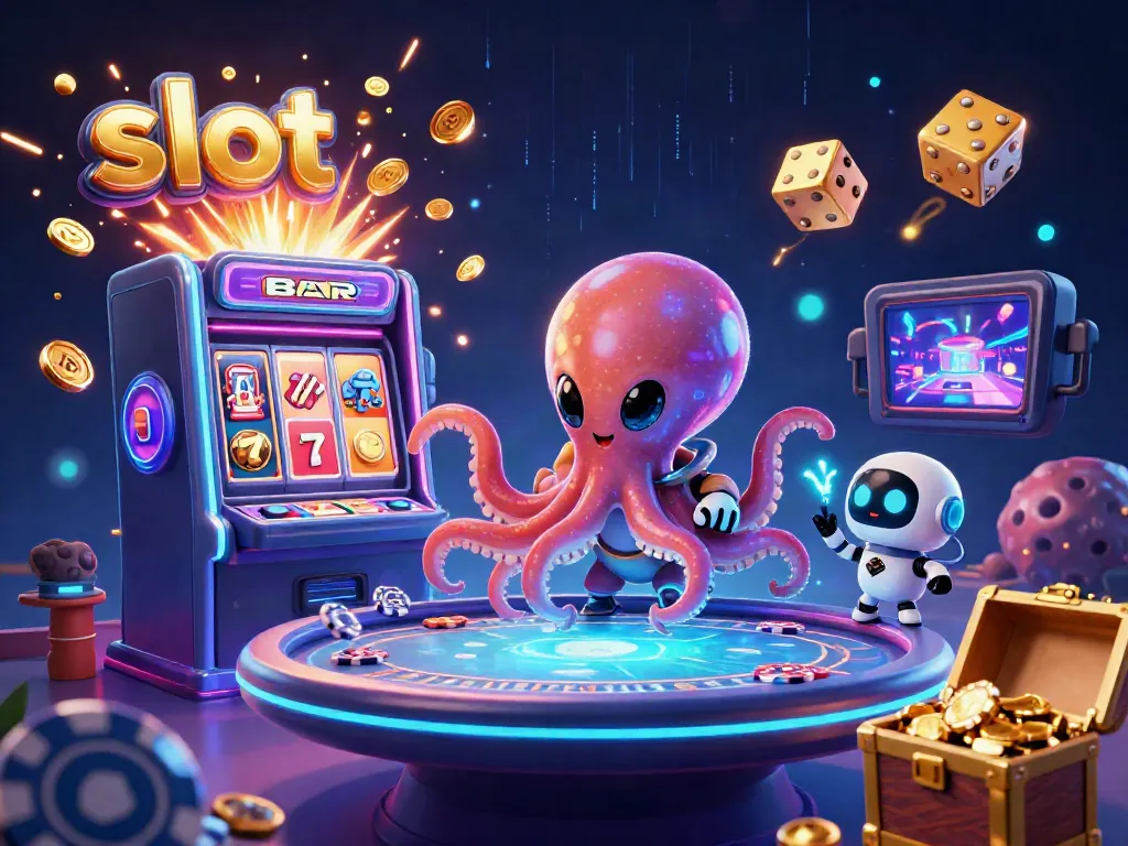 Experience thrilling slot action with a cartoon octopus at a holographic poker table, space elements, and jackpot symbols.