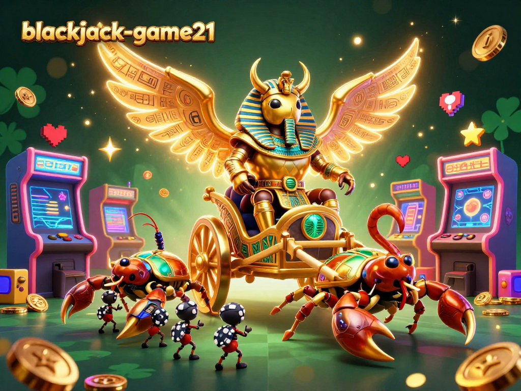 Engage with blackjack-game21 on an exciting 3D illustration featuring a golden beetle and scorpions amid casino gaming elements.