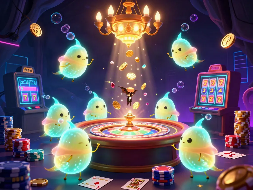 Experience the excitement at febet's vibrant cave casino, illuminated by glowworms and gold coins.