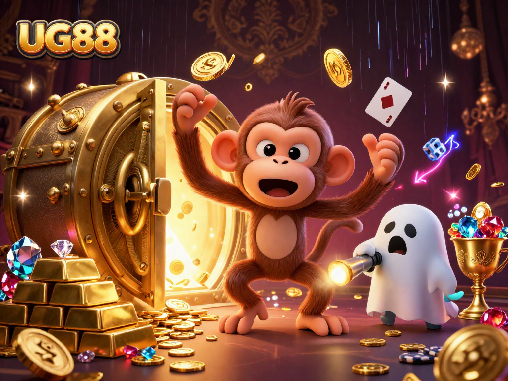 Bet on UG88 with lively gold and treasure in a haunted casino setting, showcasing exciting gambling elements.