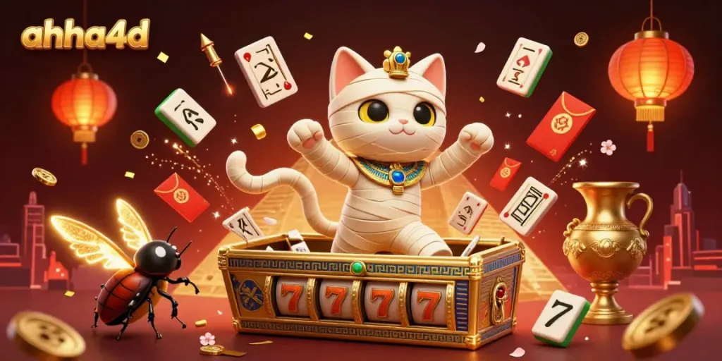 Experience a thrilling scene of the ahha4d casino with a mummy cat and dazzling slot reels.
