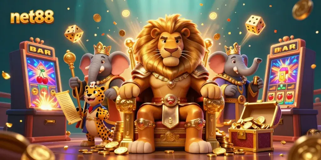 Experience the excitement of net88 with a lion king, elephant advisor, and cheetah messenger amidst dazzling casino elements.