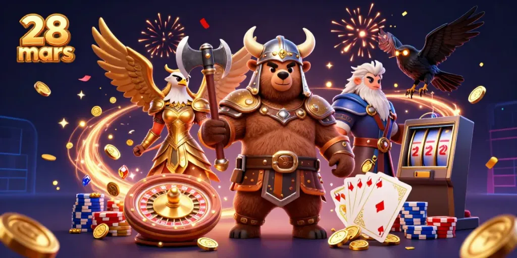 Experience the excitement of 28 mars casino with a vibrant 3D illustration featuring engaging gaming elements.