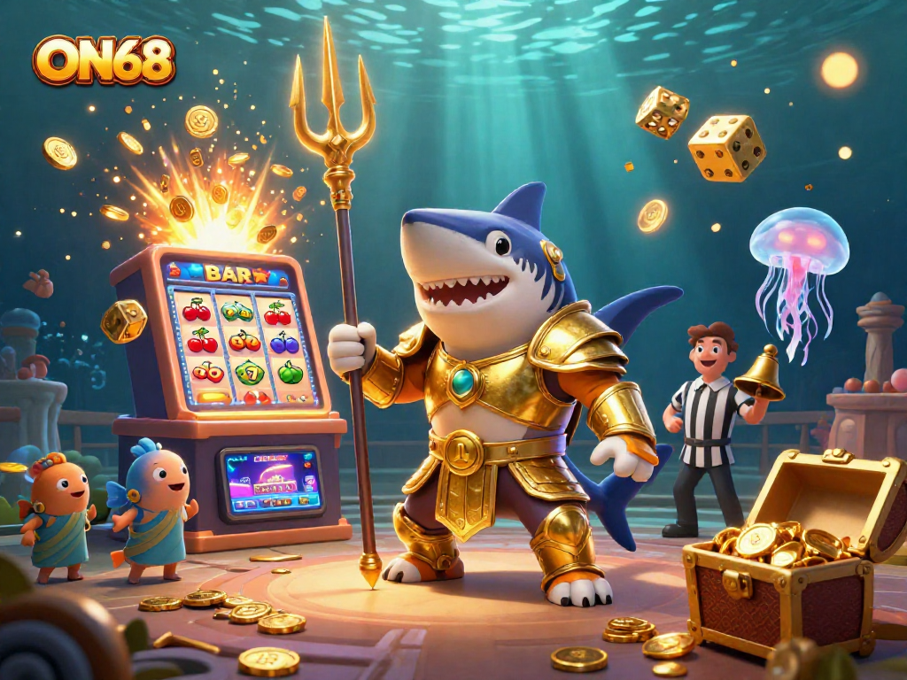 Engage with ON68's dynamic underwater casino scene featuring a shark in gladiator armor.