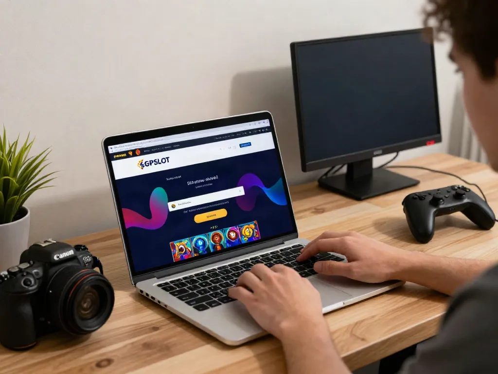 Engaging scene of a user accessing SGPSLOT link login on a laptop in a cozy gaming environment.