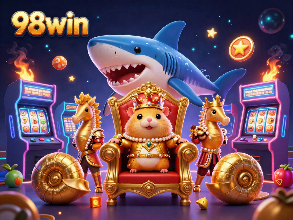 Join the action at 98win with a vibrant casino scene featuring a hamster king and game elements.