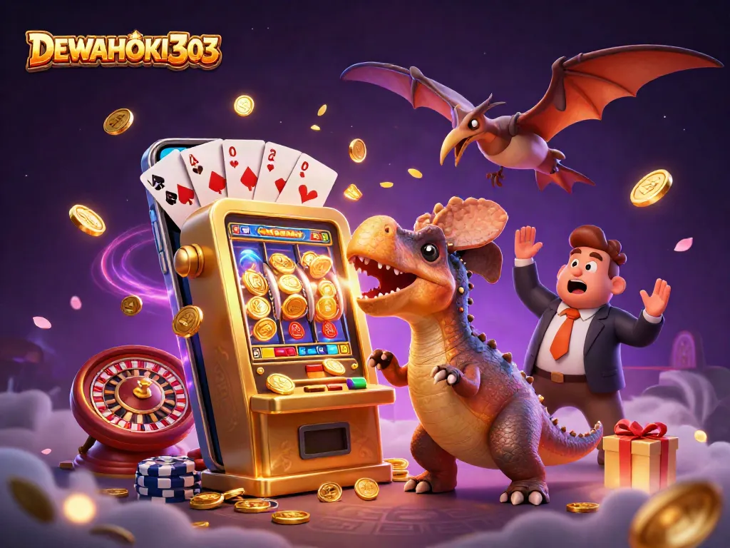 DEWAHOKI303 memicu jackpot bergulir dengan karakter dino dan manajer kasino dalam ilustrasi menarik