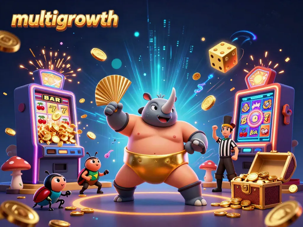 Experience multigrowth in this thrilling casino scene with a sumo champion and vibrant slot machine elements.