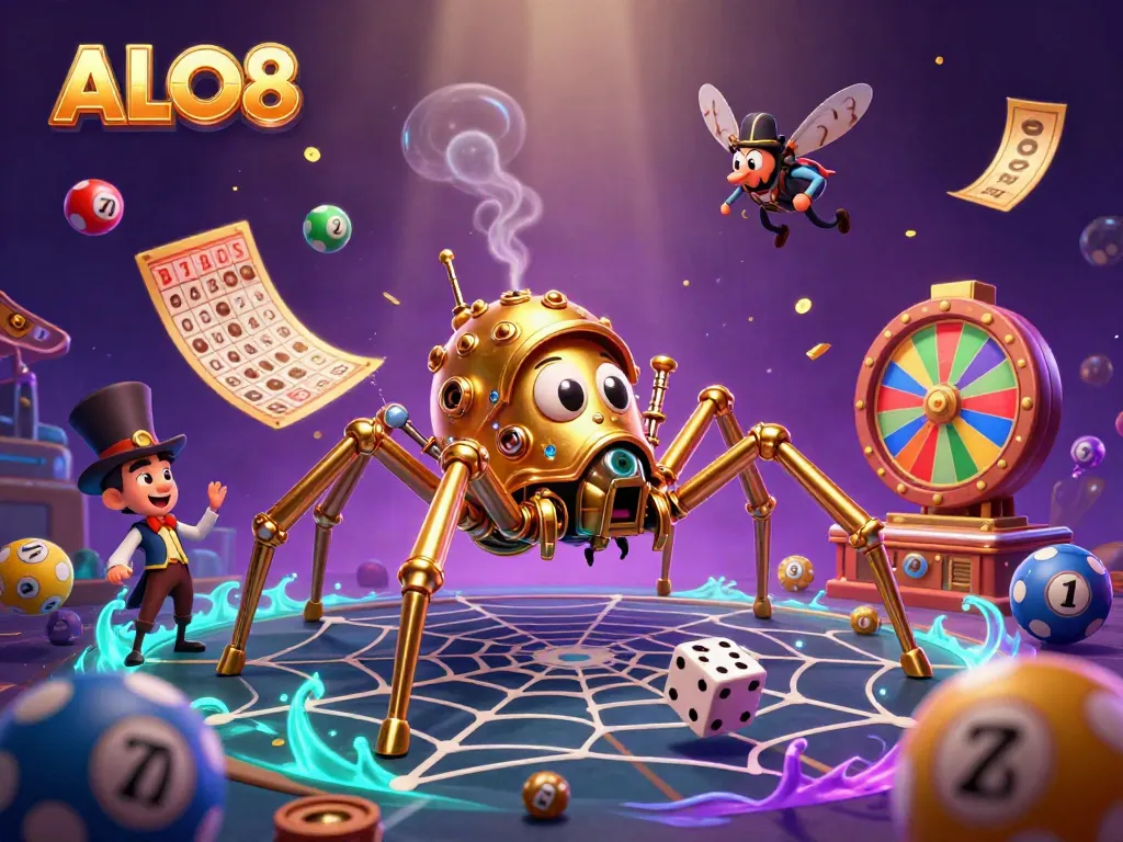 Engage with ALO8's vibrant gaming world featuring a steampunk spider masterpiece and dynamic lottery elements.