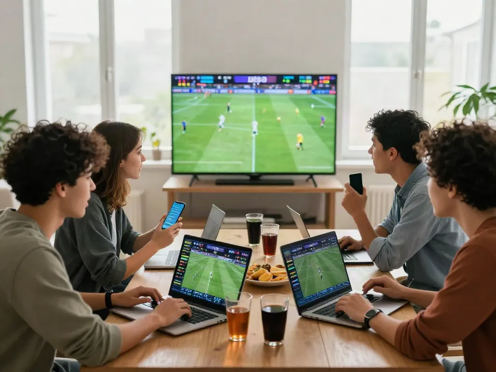 Suasana taruhan olahraga di MERAHTOTO dengan penonton menonton pertandingan sepak bola.
