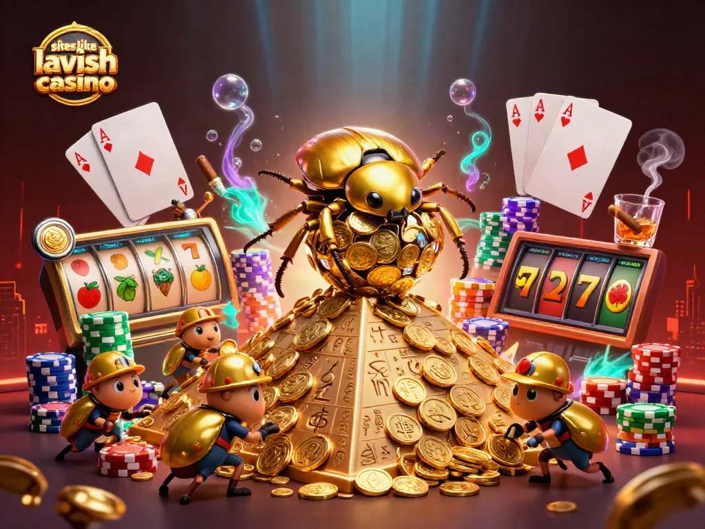 Engage with exciting games like Lavish Luck Casino featuring a golden dung beetle and coin pyramids.