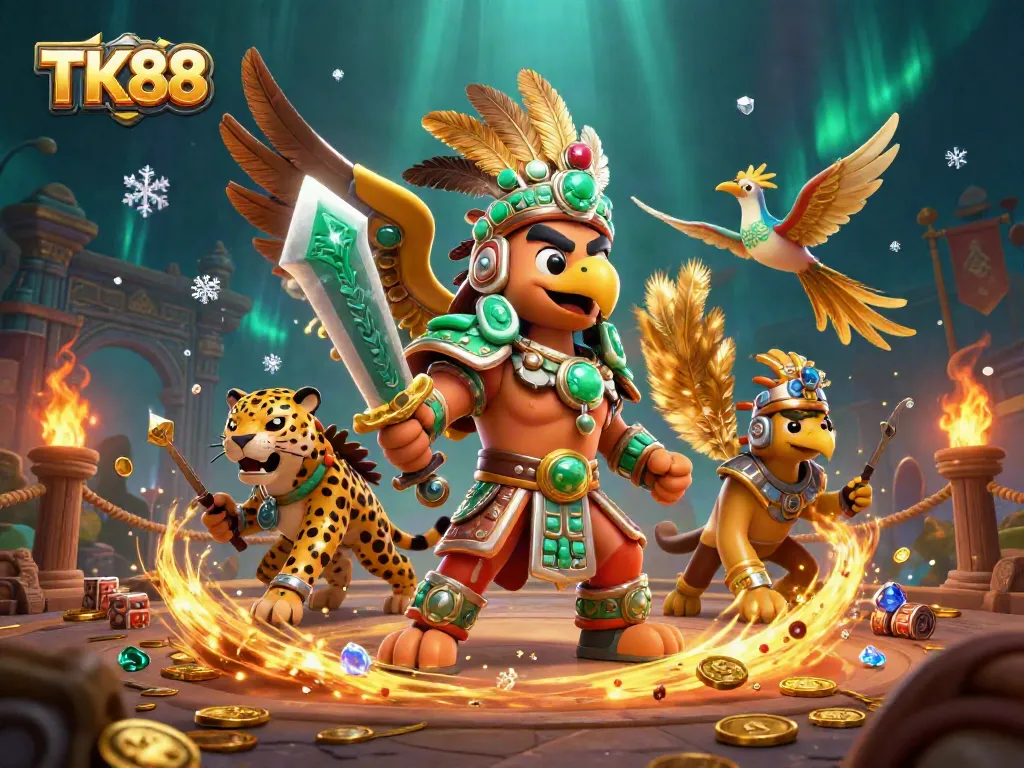 Engage with TK88 in a vibrant, dynamic online casino scene featuring warriors and gold.