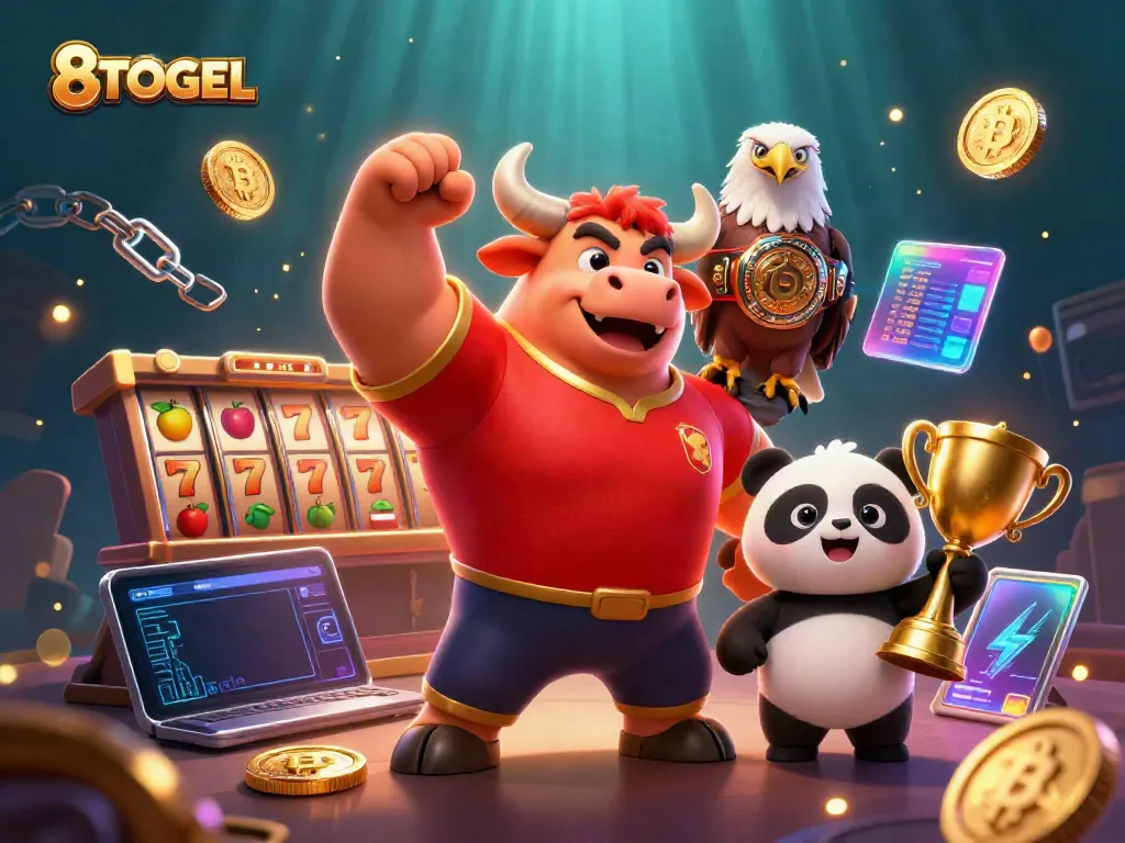Menghadirkan pengalaman judi yang menarik, 8TOGEL menampilkan simbol jackpot yang bersinar dan karakter kartun ceria.