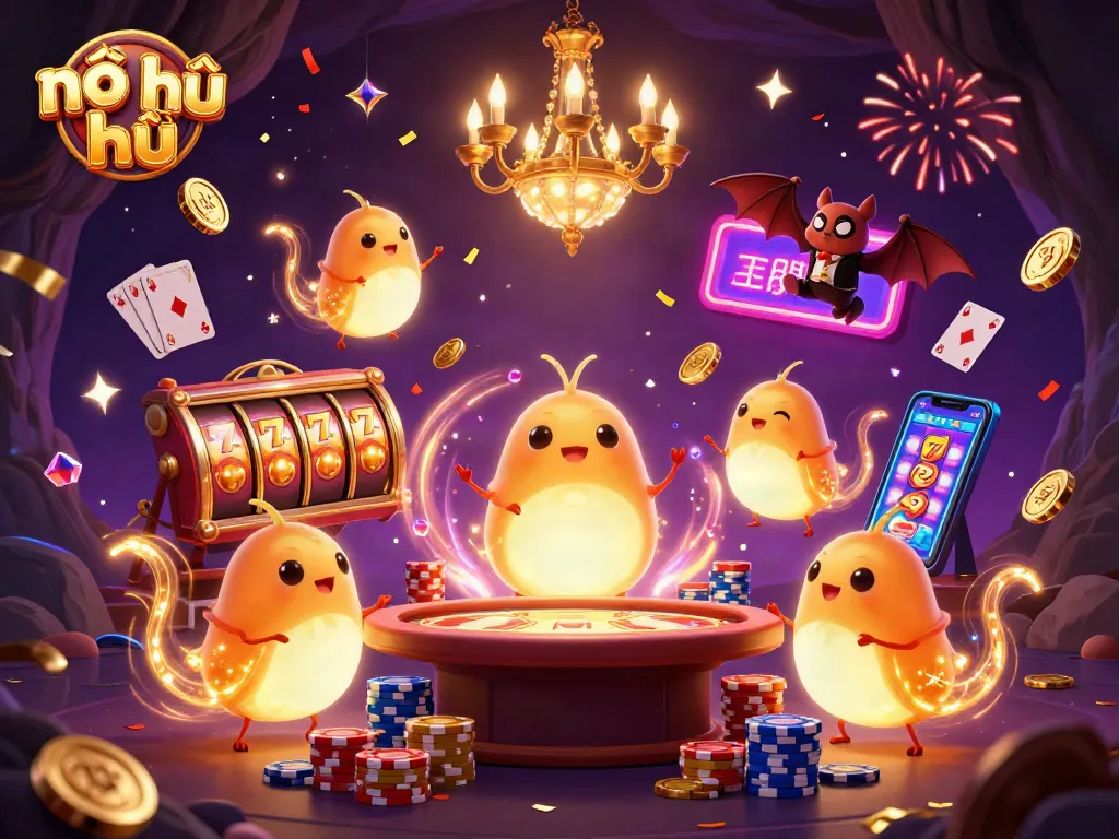 Win big with nổ hũ in this vibrant 3D casino scene showcasing glowing characters and slot machines.