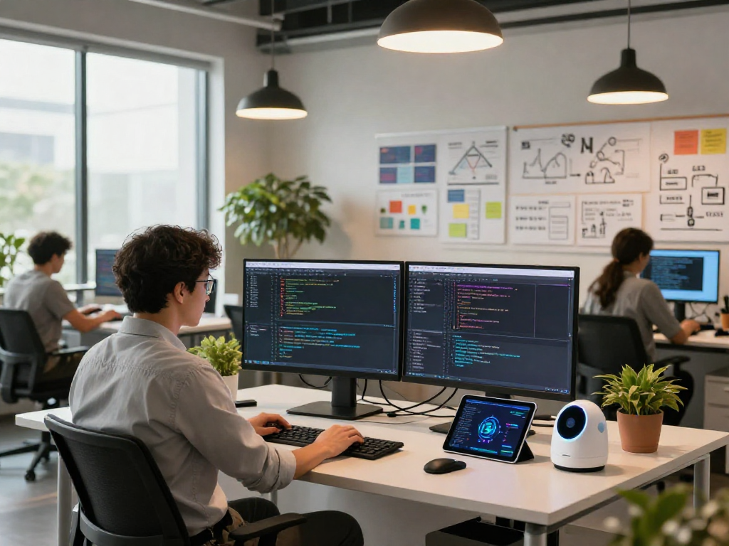 Dynamic workspace featuring spicy ai software development with engineer coding and digital tools.