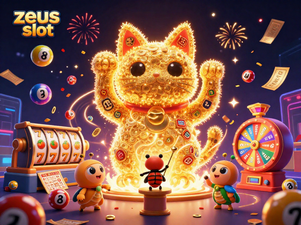 Menggenggam keberuntungan di zeus slot dengan ilustrasi kucing beruntung dan elemen kasino yang meriah.