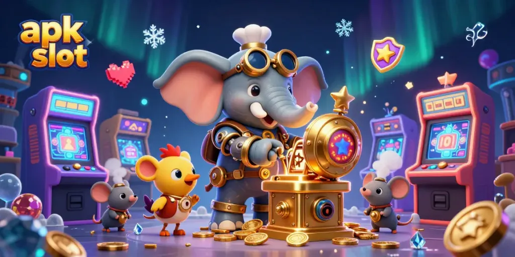 Experience thrill with apk slot as a steampunk elephant operates a golden slot machine amidst vibrant game elements.