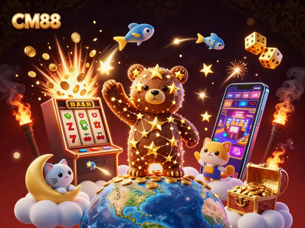 Win big at CM88 with this vibrant casino-themed illustration showcasing a magical jackpot experience.