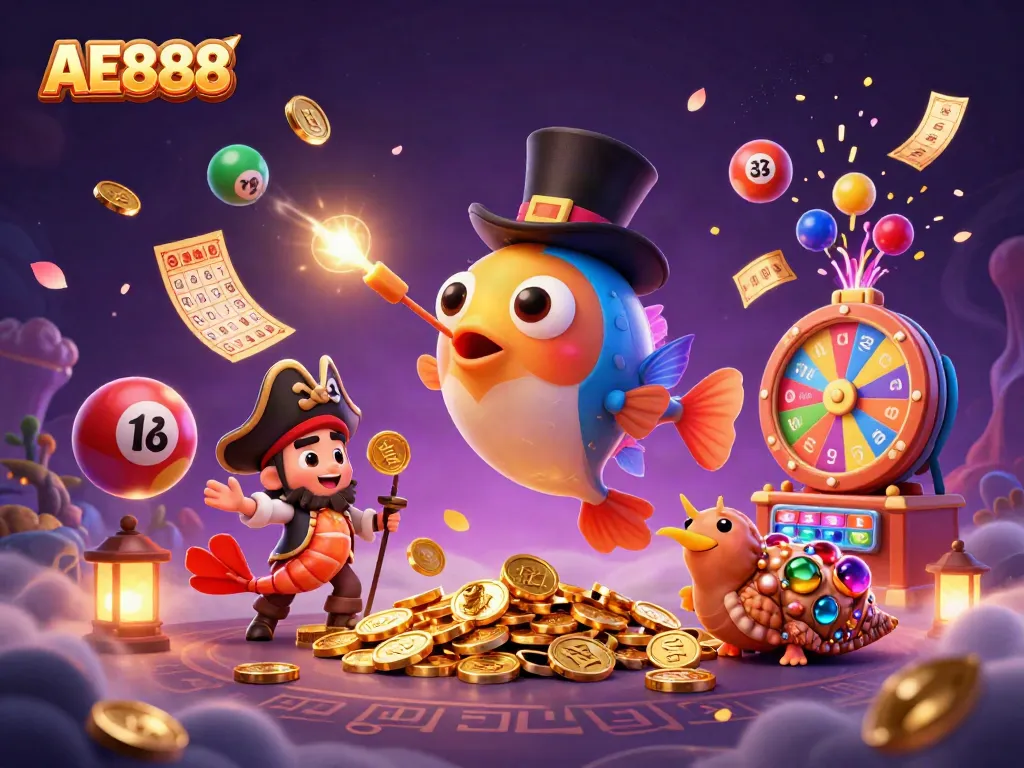 Experience the excitement of AE888 with a vibrant 3D scene featuring colorful game elements and characters.