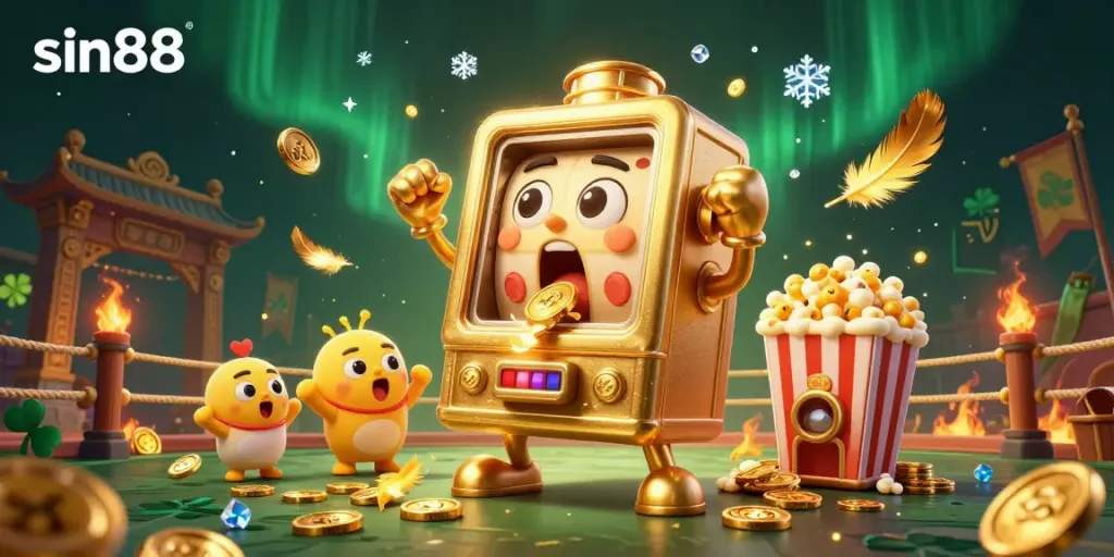 Experience the thrilling sin88 jackpot with a cheerful golden slot machine surrounded by celebrating baby slots and vibrant casino elements.