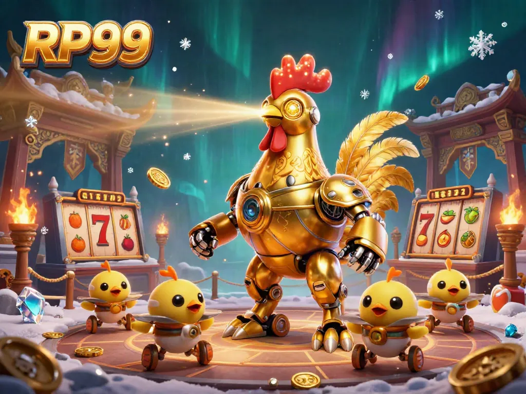 Experience the excitement of RP99 with a golden rooster robot and baby chick drones in a vibrant casino-themed illustration.