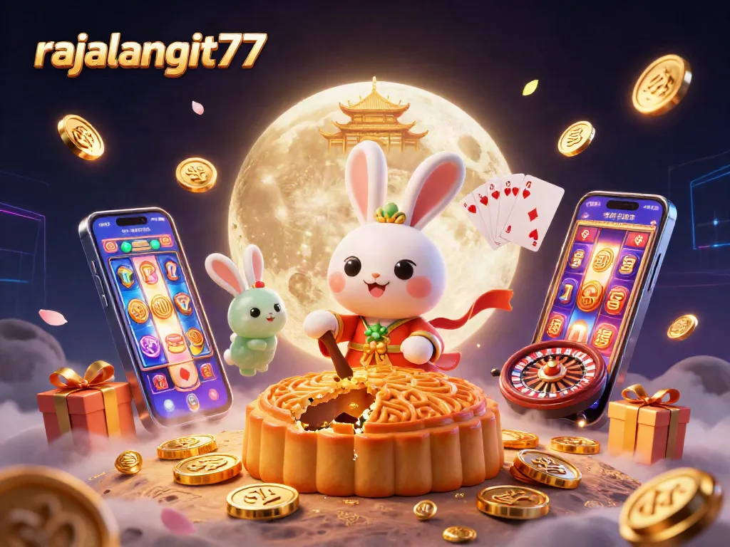Spin to win with rajalangit77, featuring a whimsical moon rabbit, poker chips, and vibrant casino elements.