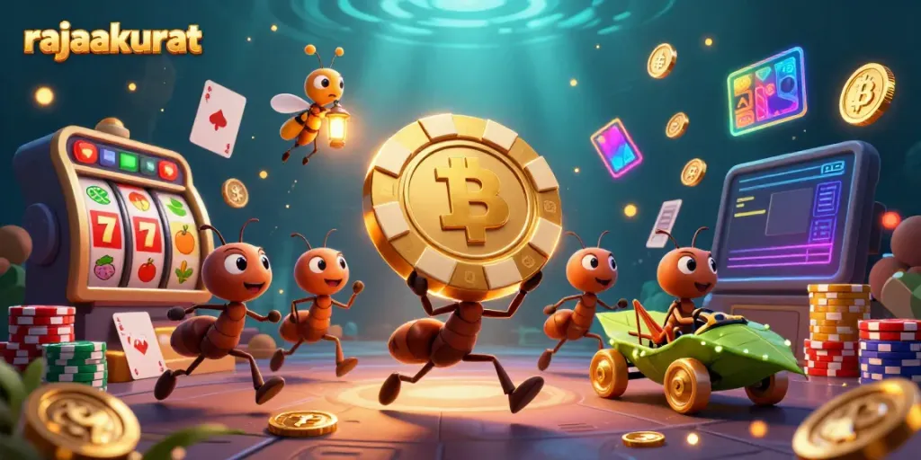 Rajaakurat memimpin heist slot dengan semut berkarakter kartun yang dinamis dalam ilustrasi 3D.