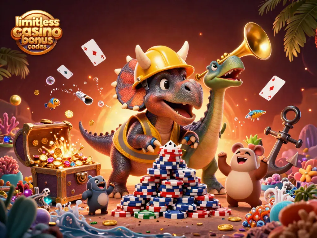 Experience limitless casino bonus codes excitement as characters celebrate wins with poker chips and treasures.