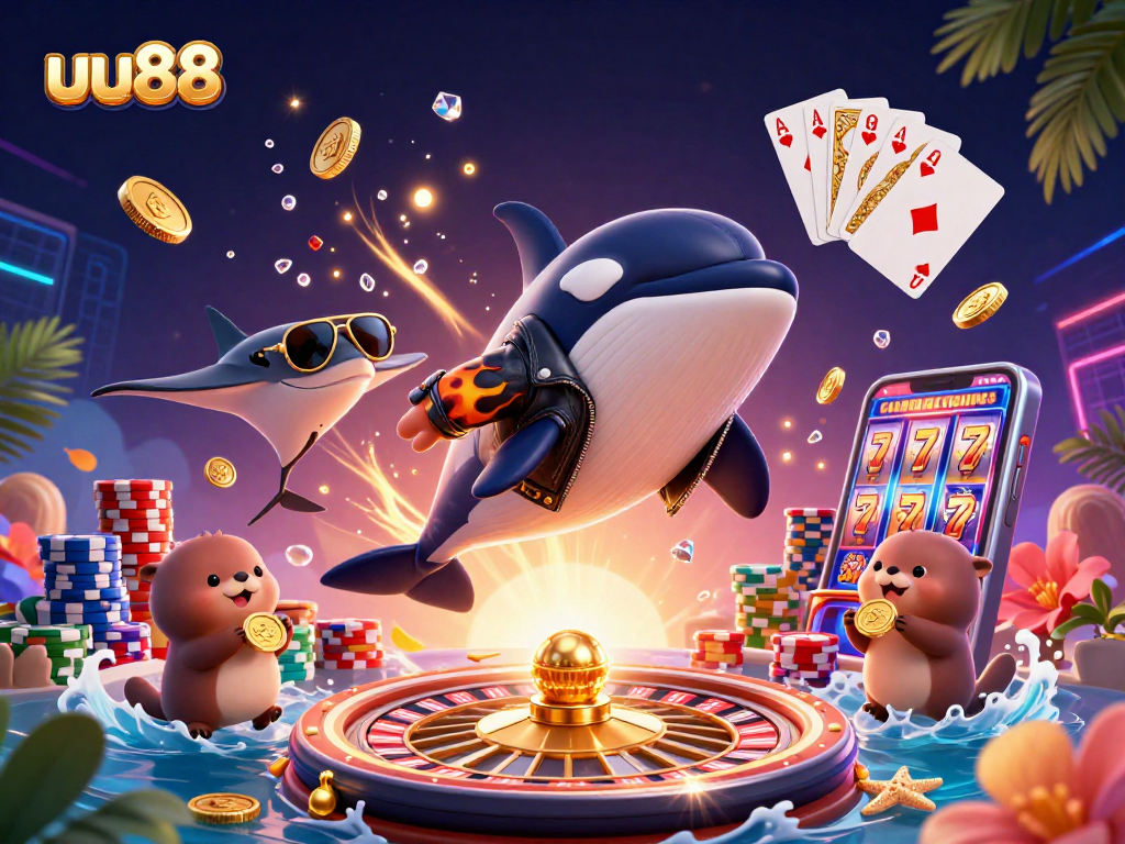 Win big with uu88 featuring thrilling casino characters in a vibrant 3D scene.