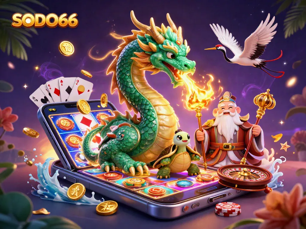 Bet on big wins with SODO66, featuring a jade dragon and lively casino elements.