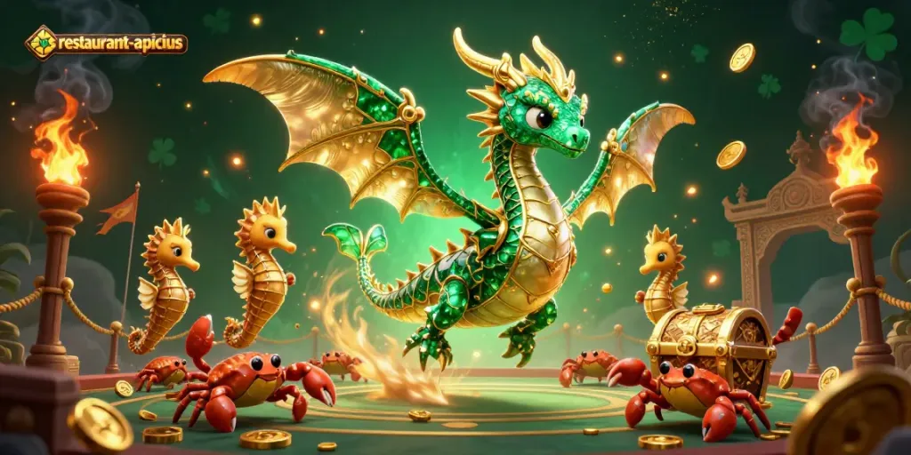 Experience thrilling action at restaurant-apicius with emerald sea dragons and golden treasure.