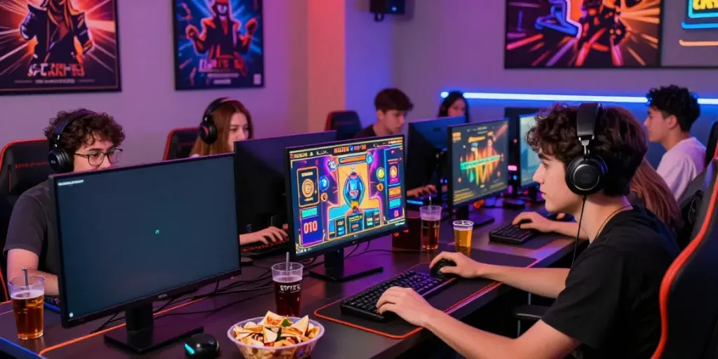 Exciting group gaming session enjoying slot gacor games with colorful graphics.