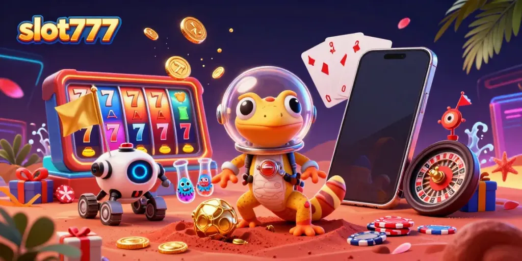 Experience the thrilling slot777 adventure with a Martian gecko discovering a golden casino, surrounded by vibrant gaming elements.