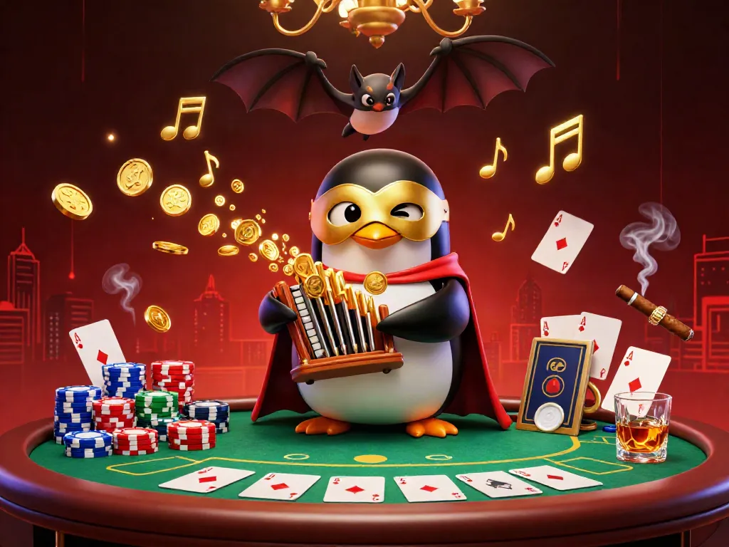 Experience the excitement of 8xbet tải with a dynamic 3D casino scene featuring a penguin playing a golden organ.