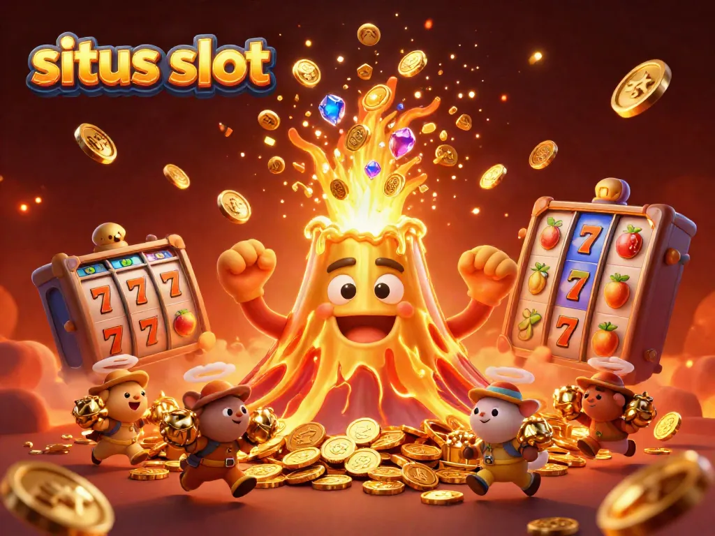 Menggoda keberuntungan di situs slot dengan gunung berapi emas, simbol buah, dan 7 keberuntungan.