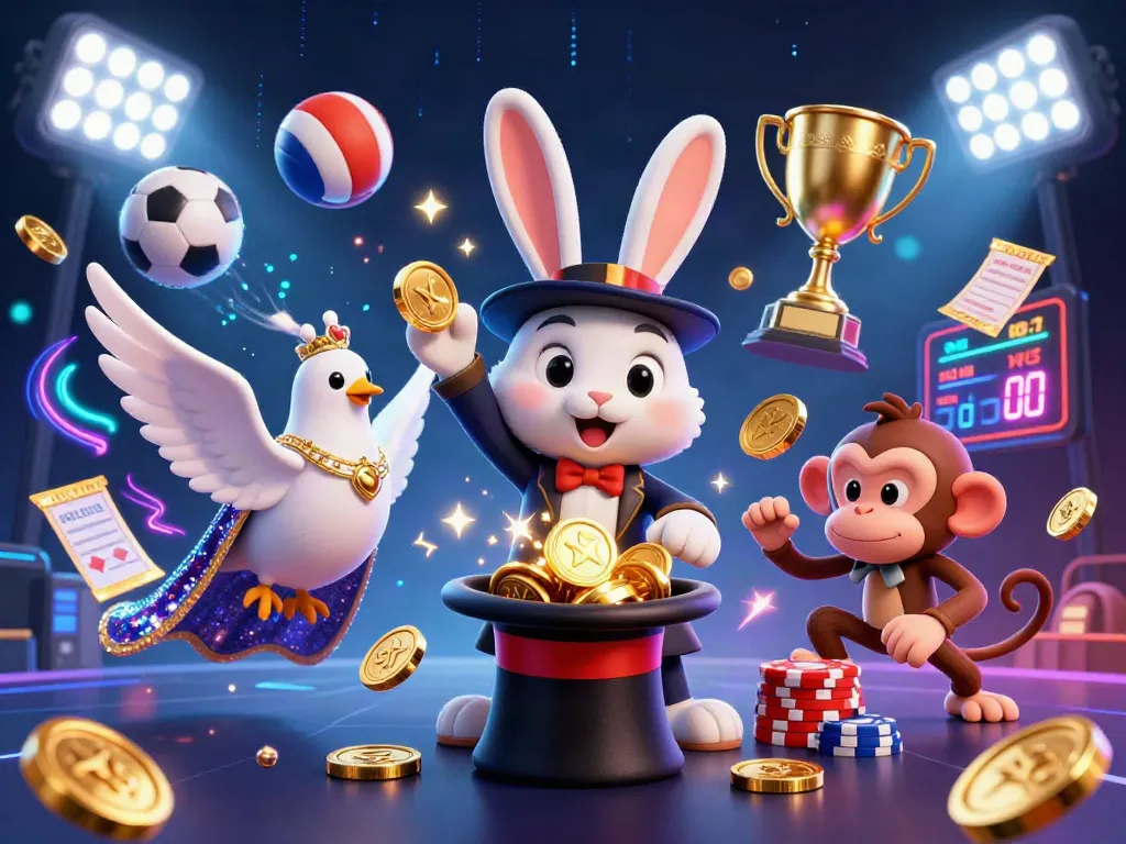 Engage with LGOGOAL's thrilling gaming experience illustrated through a vibrant scene featuring an energetic magician rabbit, glamorous dove, and mischievous monkey in a casino atmosphere.