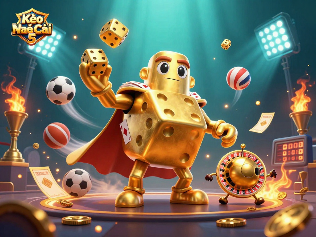 Kèo Nhà Cái 5 illustration showcasing a golden dice golem and sports elements for enhanced betting excitement