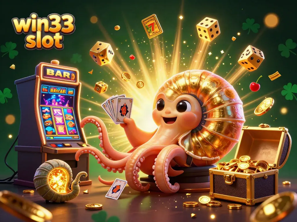 Experience thrilling action with win33 slot in this colorful, dynamic illustration showcasing a casino scene featuring vibrant symbols and glowing characters.