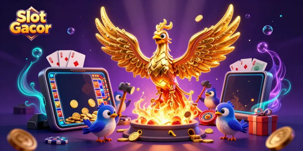 Play Slot Gacor with a golden phoenix and vibrant casino elements in a dazzling 3D scene.