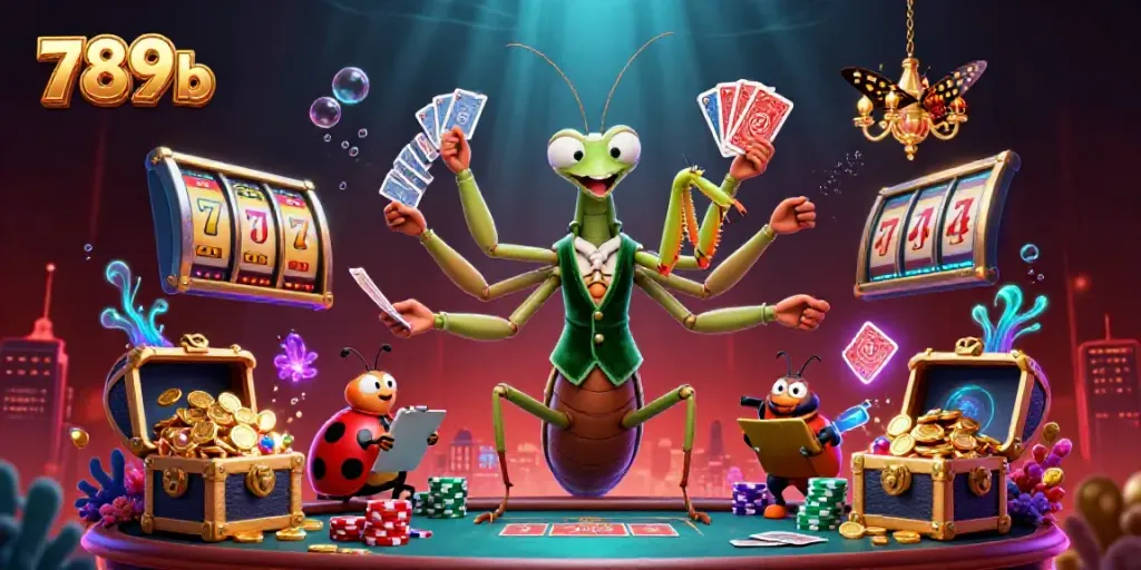 Engage with 789b's vibrant casino world, featuring a giant mantis card sharp and ladybug pit boss amidst exploding treasures.