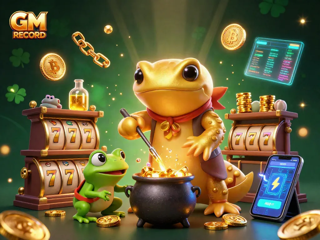 Engage with GM RECORD in a vibrant casino scene filled with gold coins and slot reels