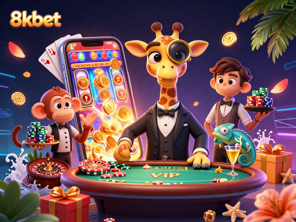 Join the vibrant gaming world of 8kbet with colorful slots, 3D characters, and rich illustrations.