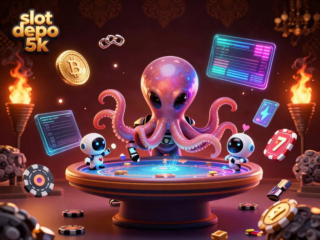 Experience thrilling gameplay at slot depo 5k with an alien octopus managing a holographic poker table.