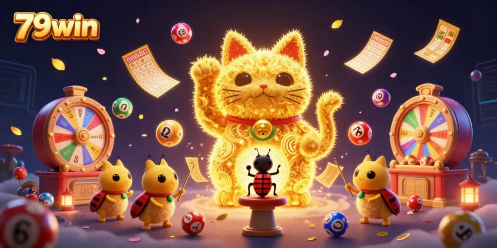 Engage in thrilling games with 79win's lucky cat symbolizing success and vibrant casino elements.